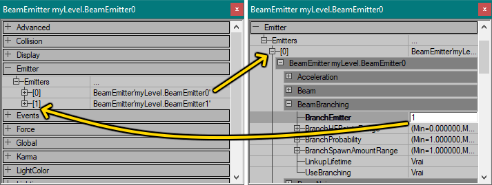 Le BeamEmitter secondaire est référence comme BranchEmitter dans le BeamEmitter principal