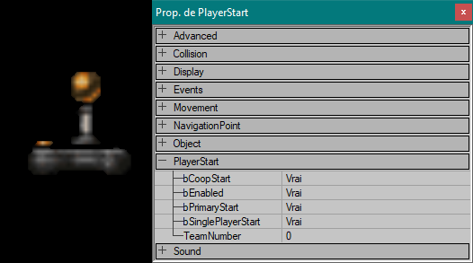 Propriétés spécifiques du PlayerStart