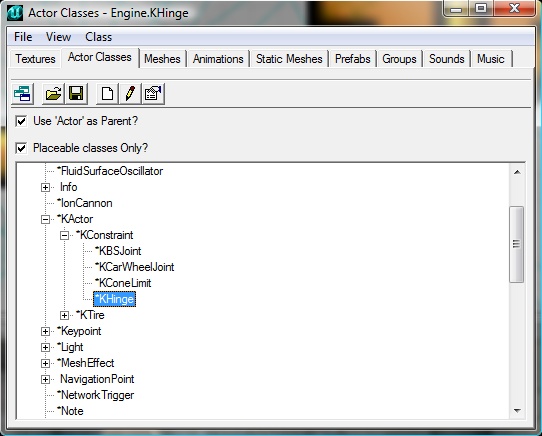 KHinge dans l'actor browser