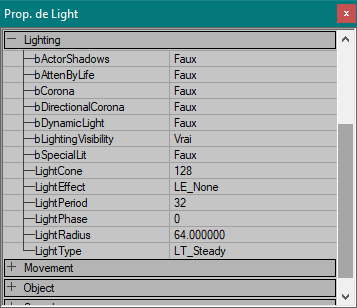 Propriétés, onglet Lighting