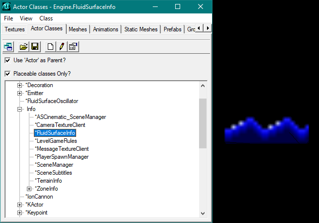L'actor FluidSurfaceInfo dans l'actor browser et tel qu'il apparaît dans l'éditeur