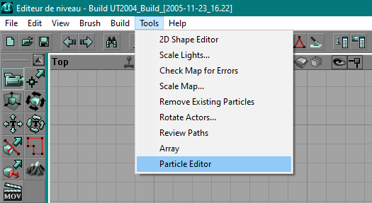 Particle Editor dans le menu Tools