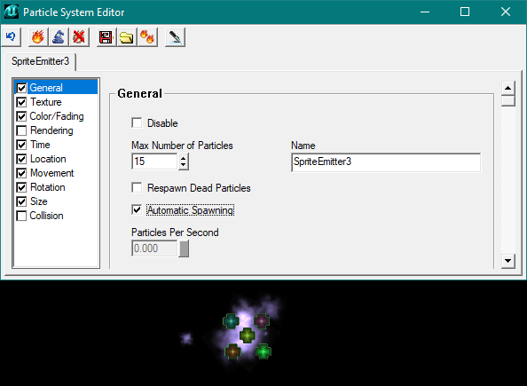 Particules spawnées par l'Emitter