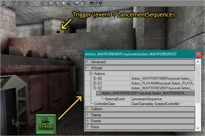 Le Trigger déclenche l'event intercepté par l'Action_WAITFOREVENT de la ScriptedSequence