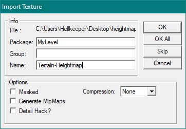 Paramètres conseillés pour l'import de l'heightmap
