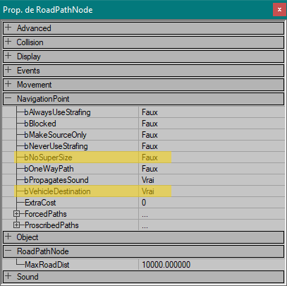 Propriétés du RoadPathNode